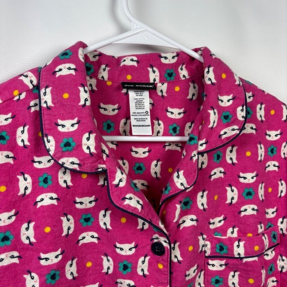 Joe Boxer Women's M Flannel Pajama Set Pink Cat Print Button Up Top & Pants - Picture 9 of 11